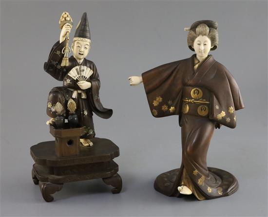 A Japanese Shibayama style ivory and wood okimono of a Sambaso dancer and a cherrywood and ivory okimono of a bijin, Meiji period